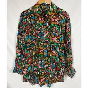 Vintage Timney Fowler Go Silk Button-Up Shirt Mens M Abstract Geometric Colorful